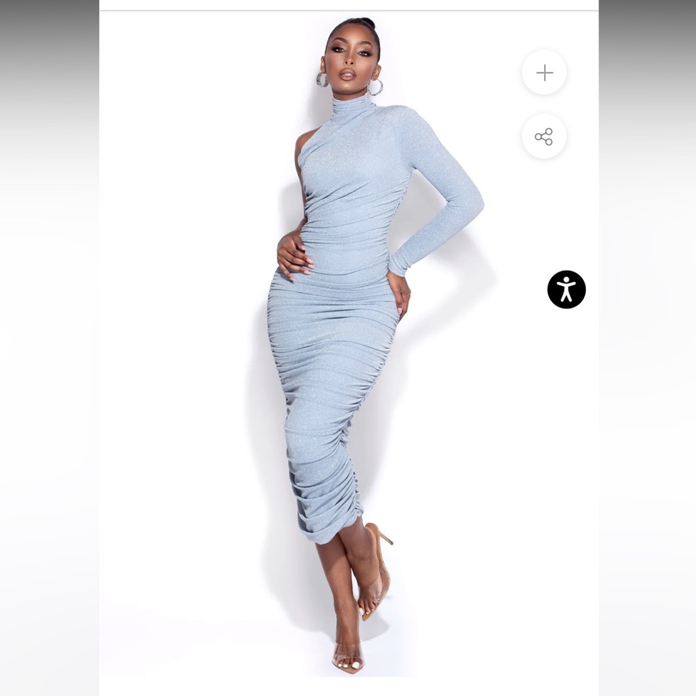 Peyton Light Blue One Sleeve Ruched Pencil Dress
